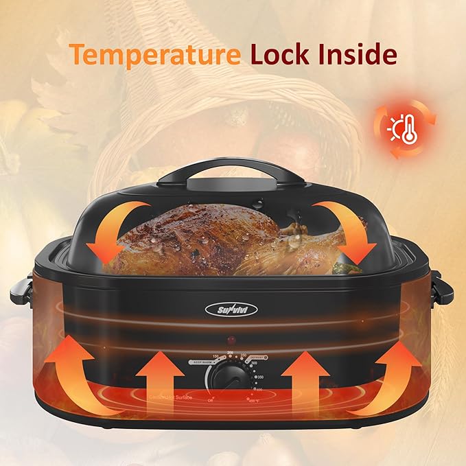 Sunvivi 20-Quart Roaster Oven with Self-Basting Lid, Electric Turkey Roaster Oven with Removable Pan and Rack, Stainless Steel, Grey