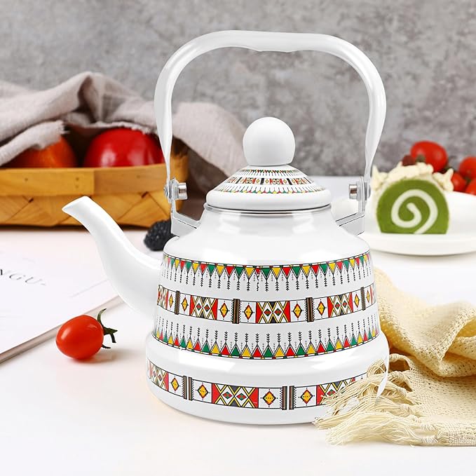 1.1L Arab style Vintage Tea Kettle,Enamel Tea Kettle with Handle,Enameled Teapot Stovetop,Hot Water Kettle for Home Kitchen Decor, No Whistling (White)