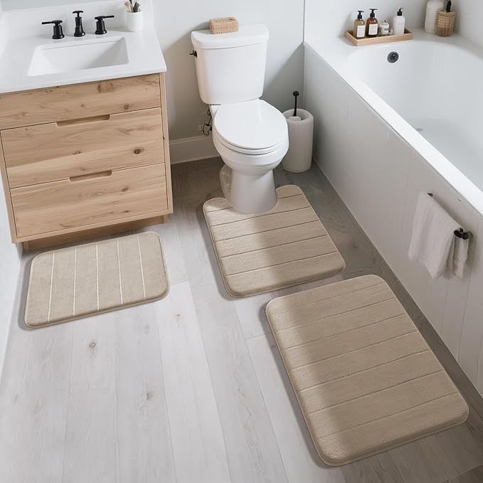 Yimobra Memory Foam Bath Mat, Super Soft Absorbent Bathroom Rug Non Slip 24x17 Inch, Quick Dry, Machine Washable Floor Carpet for Tub Shower, Home Decor Accessories, Beige