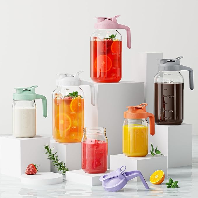 Glass Mason Jar Pitcher, 64 oz Wide Mouth Jug with Pour Spout Handle Lid for Cold Brew Coffee, Ice Beverage, Iced Juice, Lemonade, Sun Tea, Fruit Drinks Container（Orange）