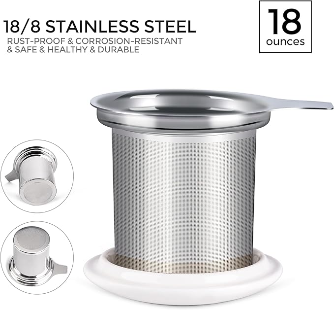 GBHOME Tea Mug with Infuser and Lid, 18 Ounce Large Ceramic Loose Leaf Cup, Microwave, Dishwasher Safe, Perfect for Tea Lovers