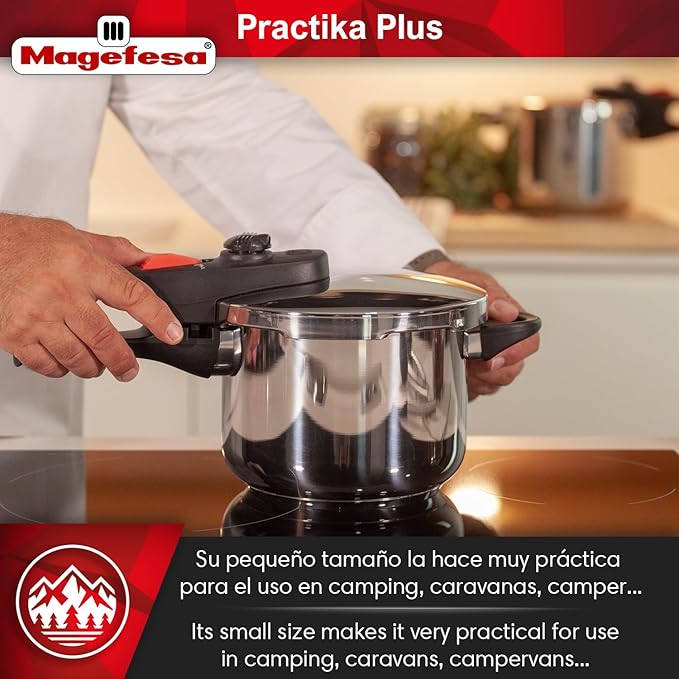 Magefesa Practika Plus 8-Quart Stainless Steel Pressure Cooker, Suitable for All Types of Stovetops, 5-Layer Heat Diffuser Bottom, 5 Safety Systems, Even Heat Distribution