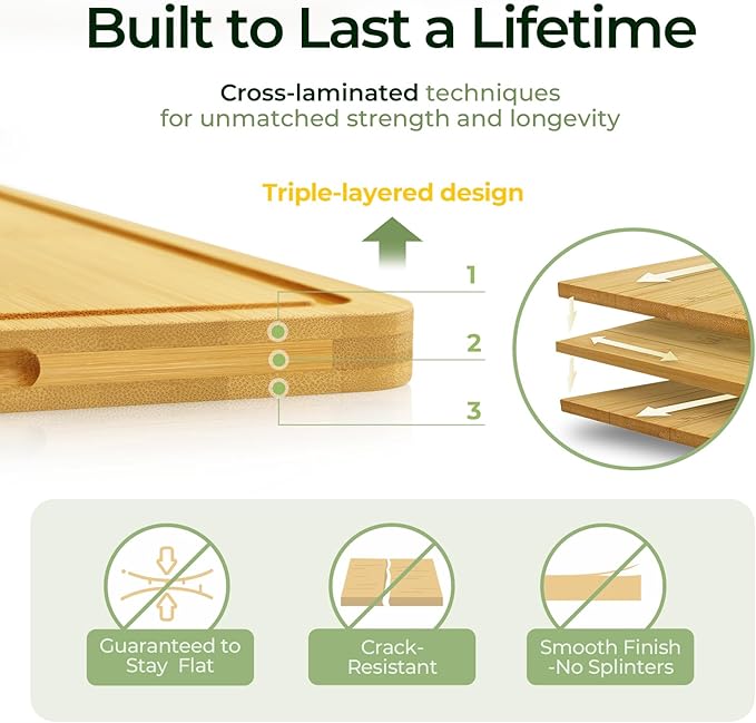 Wood Cutting Board for Kitchen - Reversible Bamboo Cutting Boards Gift Set of 3 with Juice Groove, Wooden Chopping Board for Meat, Fruit, Vegetables & Cheese (Pre Oiled, Natural)