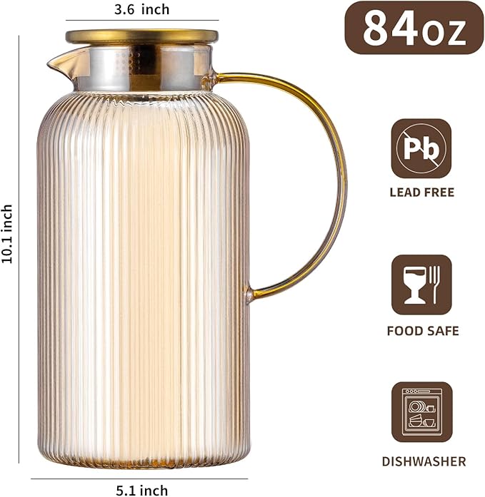 Glass Pitcher with Lid, 2 PACK 84 oz/ 2.5 Liter Amber Classic Vertical Stripes Water Pitcher,Glass Water Carafe for Cold Brew, Coffee, Lemonade, Iced Sun Tea,Beverage, Milk, Heat Resistant