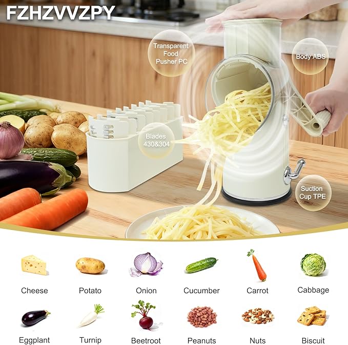 Rotary Hand Crank Cheese Grater, 5-in-1 Replaceable Stainless Blades Vegetable Shredder with Handle and Strong Suction Base, Easy-Clean Multipurpose Kitchen Slicer with Blade Storage Box(White)