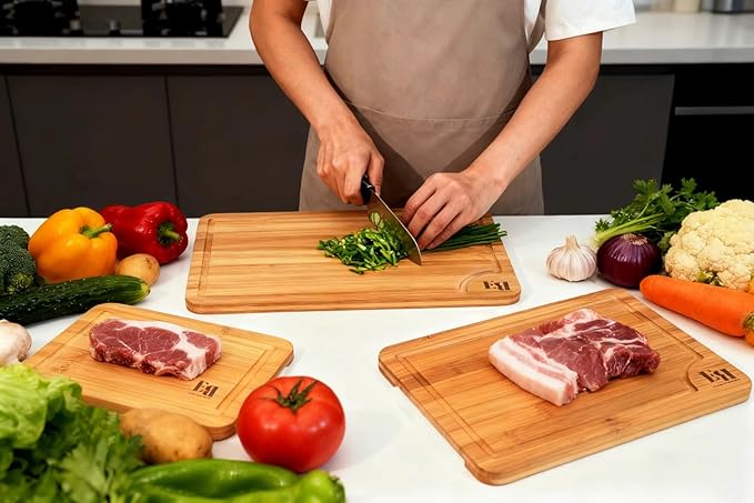Crack Resistant Cutting Boards for Kitchen Serving & Meal Prep - Bamboo Wood Board Set with Deep Juice Grooves & Side Handles - Charcuterie & Chopping Butcher Block for Meat (3 Pcs)