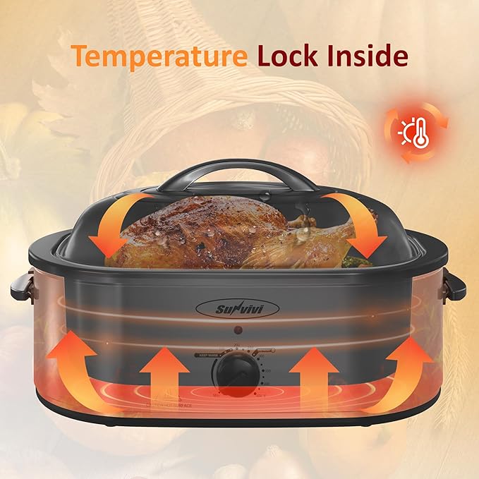 Sunvivi Electric Roaster,18 Quart Roasting Oven with Self-Basting Lid Removable Pan,Turkey Roaster Oven with 150 to 450F Temperature Control Cool-Touch Handles,Silver