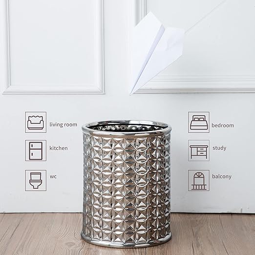 Silver Trash Can, Round Wastebasket, Garbage Receptacle Small Bin for Bathroom, Powder Rooms, Kitchens, Home Offices - Ceramics