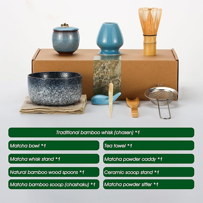 Matcha Tea Set 9 Pcs, Japanese Traditional Bowl, Bamboo Whisk (Chasen), Scoop (Chashaku), Spoon, Stainless Steel Sifter, Holder, Ceramic Powder Caddy