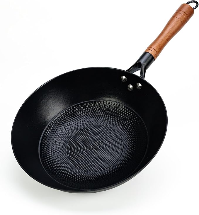 Pre-coated non-stick cast iron wok with wooden handle (no lid), suitable for gas, induction, and electric stoves, easy to use and maintain (12 inches)
