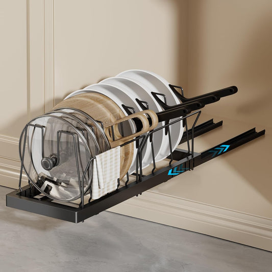 Pots and Pans Organizer Under Cabinet, 22" Deep Expandable Pull Out Pot Lid Organizer and Storage with 10 Adjustable Dividers No Drill Pot and Pan Holder Rack with Handle Bracket(1 Pack,Black)