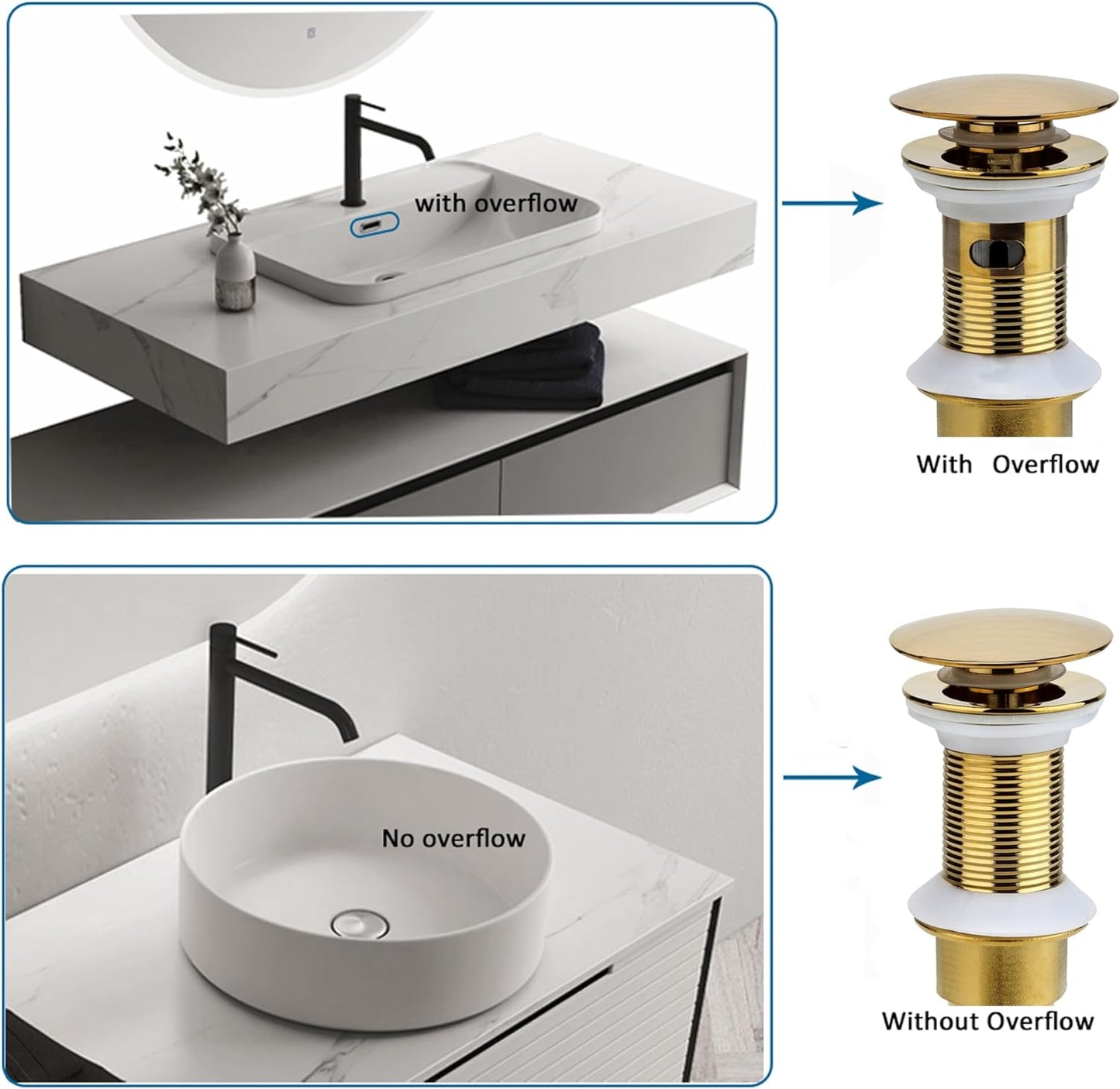 Bathroom Sink Drain, Gold Drain Stopper Bathroom Sink Without Overflow,Pop Up Drain Assembly with Detachable Strainer Basket,Built-in Anti-Clogging Strainer,Stainless Steel