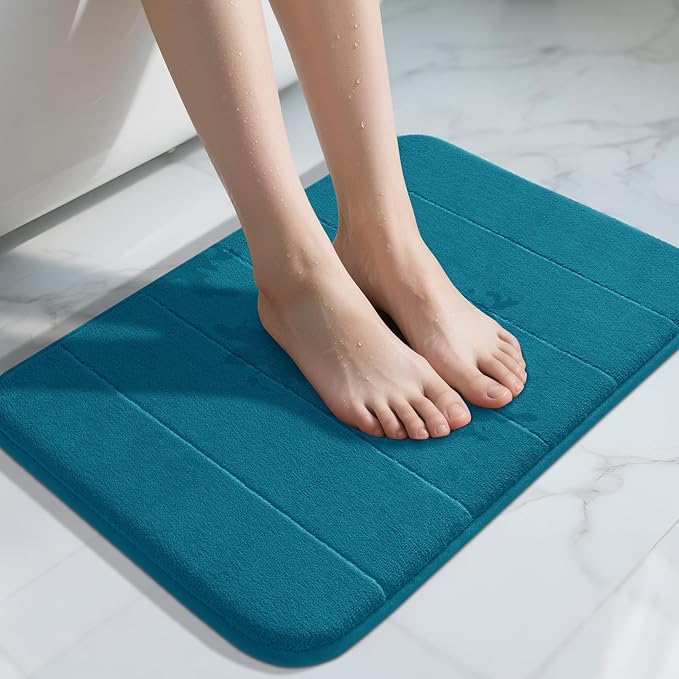 Yimobra Memory Foam Bath Mat, Super Soft Absorbent Bathroom Rug Non Slip 24x17 Inch, Quick Dry, Machine Washable Floor Carpet for Tub Shower, Home Decor Accessories, Peacock Blue