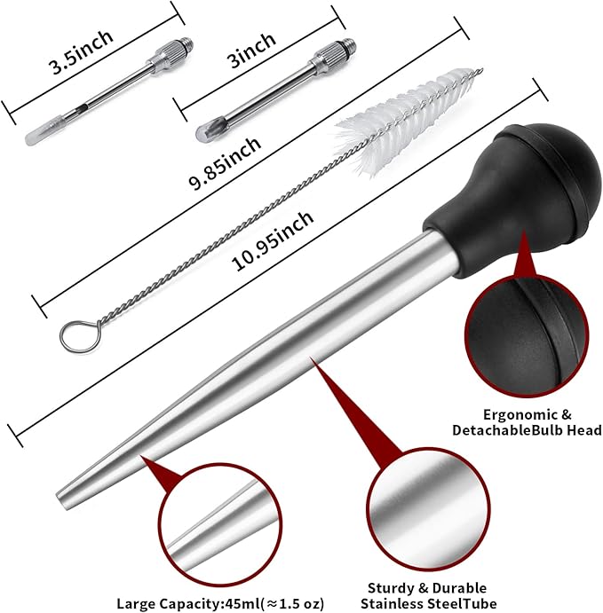 Turkey Baster With Cleaning Brush, Stainless Steel Baster Tool for Cooking-Baster Syringe for Roaster Turkey, Include 2 Meat Marinade Injector Needles for Thanksgiving