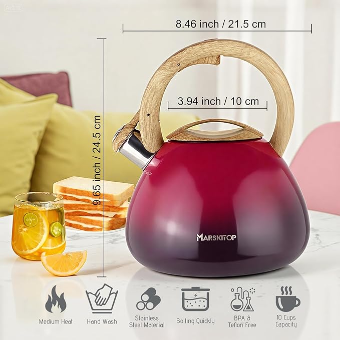 MARSKITOP Tea Kettle for Stove Top, Food Grade Stainless Steel Teapot for Stovetop, Tea Pot for Stove with Anti-Hot Handle, Stove Top Whistling Tea Kettle for Boiling Water, 2.6 Quart, Red