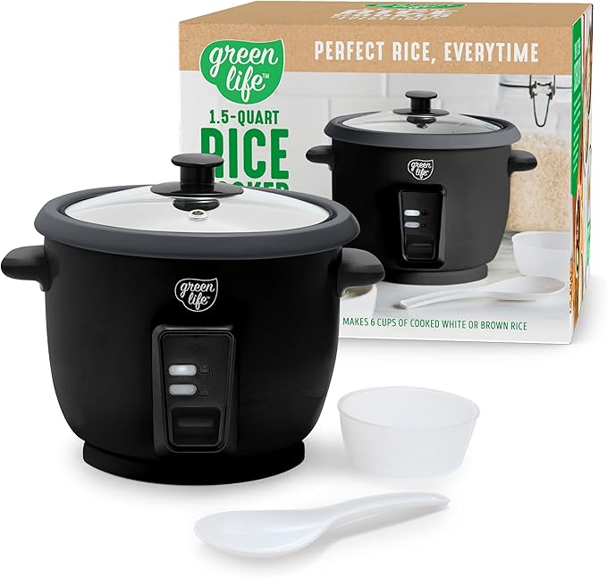 GreenLife Electric Rice Cooker, 3-Cups Uncooked/6-Cups Cooked, Removable PFAS-Free Nonstick Pot, One-Switch Design, Auto Keep Warm, Small Space Saving, Rice Paddle, Soup, Grains, Oatmeal, 1.5 QT, Black
