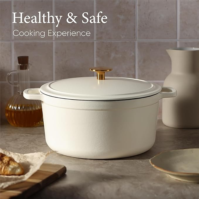 CAROTE Cast Iron Dutch Oven Pot with Lid, Enameled Dutch Oven for Sourdough Bread Baking, Dual Handles, Heavy-Duty Cast Iron Pot, 5QT, White