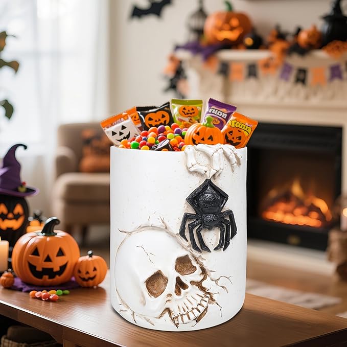 Halloween Large Witch Cauldron Bucket 11.72" White Candy Pot with Skull Spider Resin Halloween Candy Bucket Indoor Decorations for Table Decor Trick or Treat Party Supplies Witch Kettle