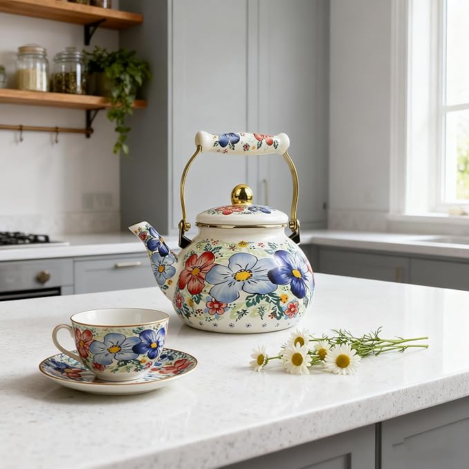 2.5L Enamel Tea Kettle, Bohemia Blue Flower Stovetop Teapot, Stylish Retro Steel Enamel Hot Water Kettle, Retro Classic Design Ideal Home Decor/Christmas Gift