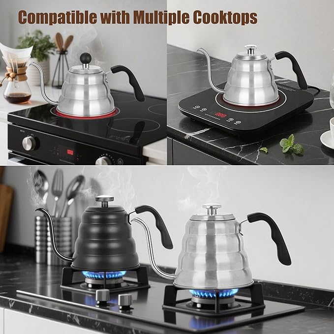 Gooseneck Kettle for Manual Drip Coffee & Tea 40oz Stainless Steel Pour Over Coffee Kettle with Thermometer Tea Kettle for Stovetop,1200ml,6 Cup,Silver,1Pack