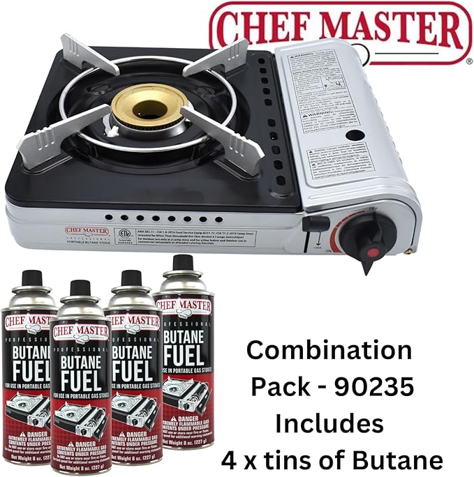 12,000 BTU Portable Butane Camping Stove with 4 x 8oz. Butane Fuel Canister Combo, Double Wind-Guard Portable Stove w/Carry Case for Road Trips, Camping, Tailgating & Emergencies by Chef Master 90235