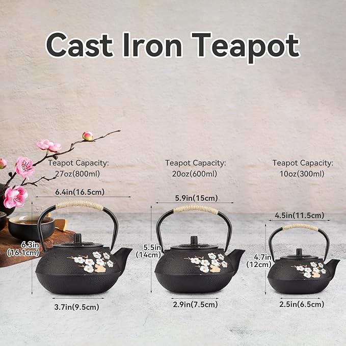 Japanese Cast Iron Teapot with Infuser, Plum Blossom Design, 300ml Capacity, Black, Stainless Steel Infuser, Stovetop Safe
