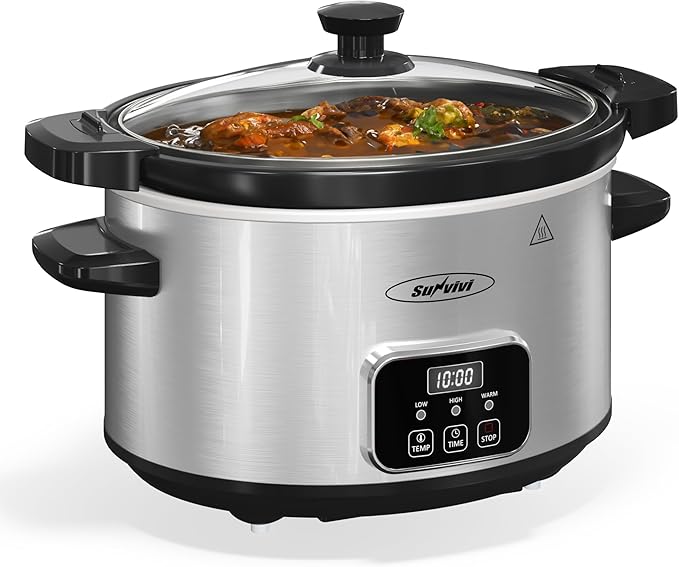Sunvivi 4QT Programmable Slow Cooker with Locking Lid, Removable Ceramic Pot, 3 Heating Settings & Timer, Dishwasher-Safe, Stainless Steel