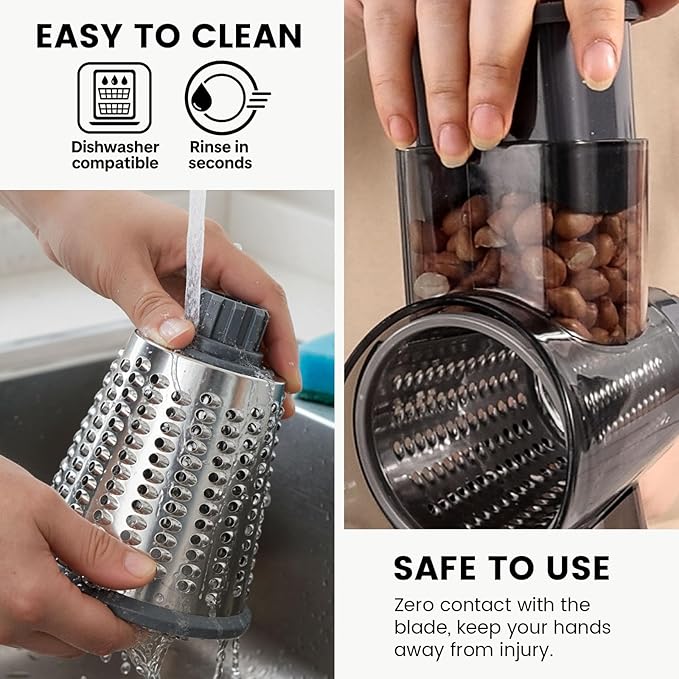 HANSGO Rotary Cheese Grater, Hand Crank Cheese Shredder for Fresh Cheeses, Vegetable, Nuts, Safe Kitchen Tool, Non-slip Suction Base, Labor-Saving Handle, Cleaning Brush, Three Blades