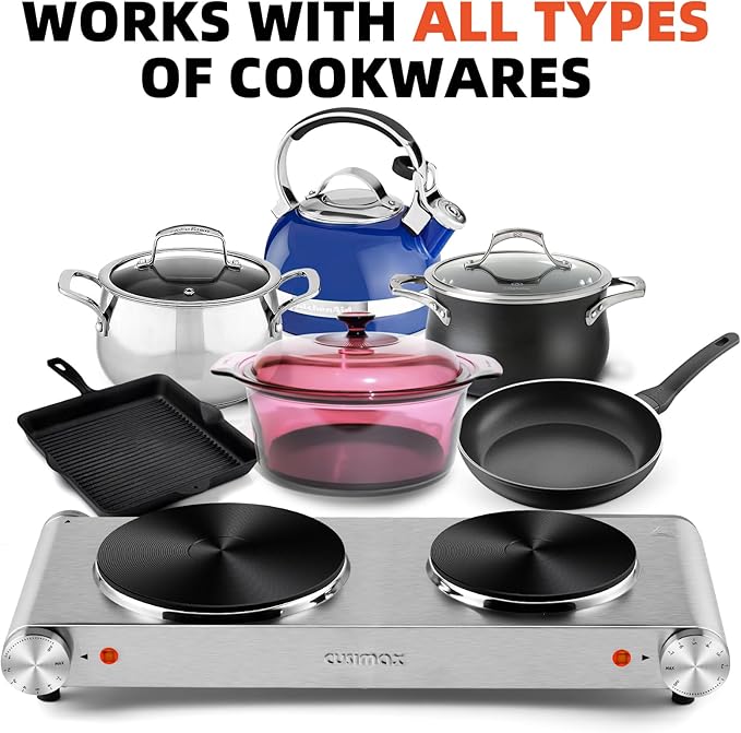 Hot Plate, CUSIMAX Double Burner, Electric Hot Plates for Cooking, 1800watts Portable Countertop Stove, Cast Iron Heating Plates, Used for Camping/Travel Trailers/Dorms, Stainless Steel Cooktop
