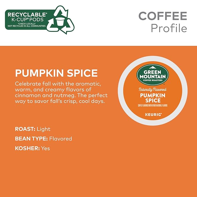 Green Mountain Coffee Roasters Seasonal Selections Pumpkin Spice, Keurig Single-Serve K-Cup Pods, Light Roast Cofee, 32 Count (Pack of 2)