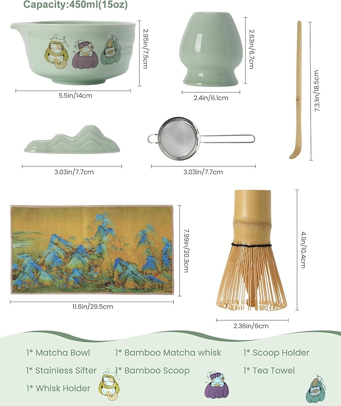 Matcha Whisk Set 7 Pcs Ceramic Matcha Set Includes 15oz Bowl with Spout,Bamboo Whisk & Holder, Scoop, Scoop Rest Sifter & Tea Towel, Complete Matcha Tea Set for Beginners-Green