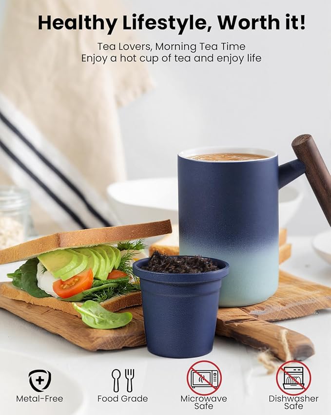 15 OZ Porcelain Tea Infuser Cup with Lid,Ceramic Tea Mug with Porcelain Strainer for Loose Leaf,Tea Strainers Cup with Wood Handle,BPA-Free,Gifts for Tea's Lover(Gradient Blue)