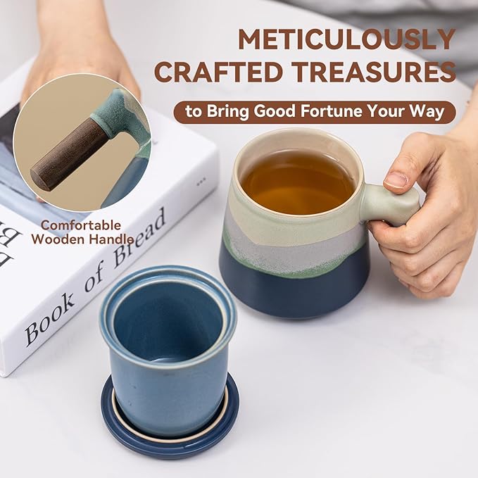 Tea Cup with Infuser and Lid 15oz - Kiln-Transformed Ceramic Mug with Mountain Pattern, Wood Handle Loose Leaf Tea Set, Anniversary Birthday Gift