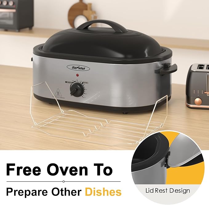Roaster Oven, Electric Roaster Oven with Viewing Lid, Large Roaster with Removable Pan & Rack, Turkey Roaster with Unique Defrost/Warm Function, Stainless Steel, Sliver, 18QT