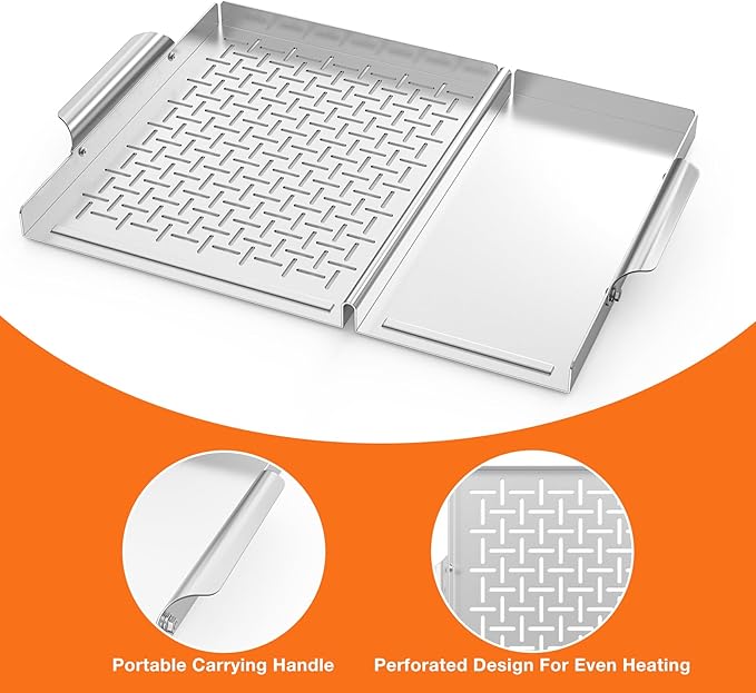 Onlyfire BBQ Grill Tray, Stainless Steel Grill Topper Grill Pan with Holes and Handle for Grilling Veggies, Meat & Seafood, Outdoor Flat Top Grilling Basket for Any Grills