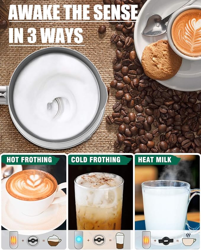 Huogary Milk Frother, Large Capacity Milk Frother and Steamer, 3 in 1 Electric Warm & Cold Milk Foam Maker, Non Stick Automatic Foam Maker and Milk Warmer for Latte, Cappuccinos, Macchiato, White