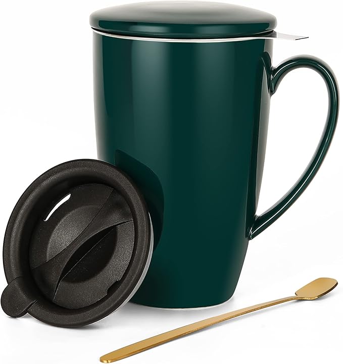 Tea Infuser Mug, 17 oz Large Porcelain Tea Cup with Infuser and Lid for Loose Leaf, Home, Office and Gifts