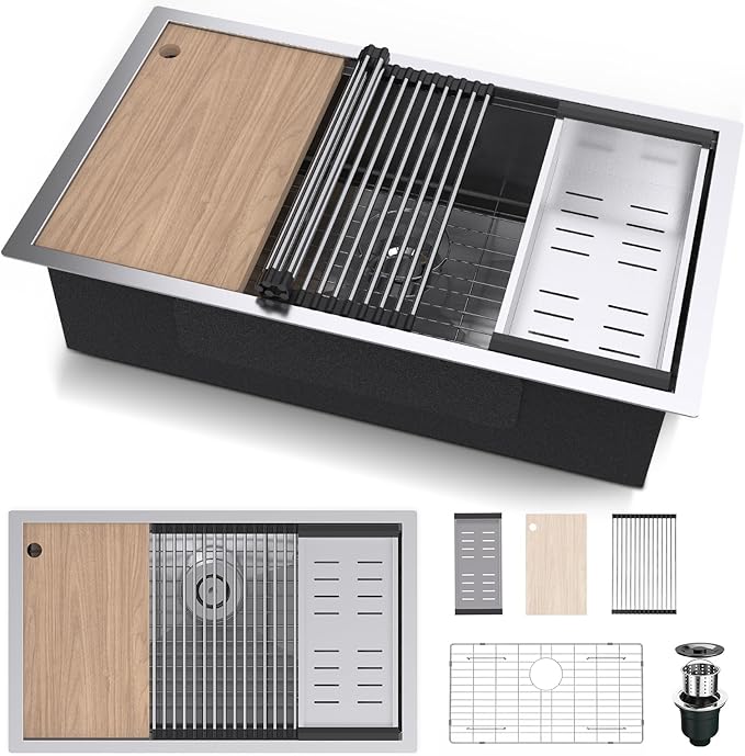 32 Inch Kitchen Sink, 32x19 Inch Undermount Kitchen Sink, 16 Gauge Single Bowl Stainless Steel, Modern Workstation Single Bowl Sink with Accessories