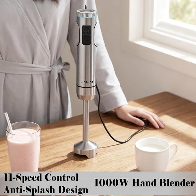 Hand Blender 11-Speed, 1000W Immersion Blender with Anti-Splash Design, Stainless Steel Blade for Blending Soup, Smoothies, Baby Food, Mayonnaise