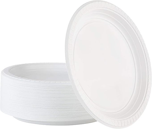 PLASTICPRO 9 inch Round Plastic Plates Microwaveable, Disposable, White, Dinnerware 100 Count