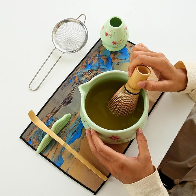 Matcha Set 7-Piece matcha whisk set，matcha set Kit, 1matcha whisk, 1 Scoops, Strainer, macha whisk set green matcha kit