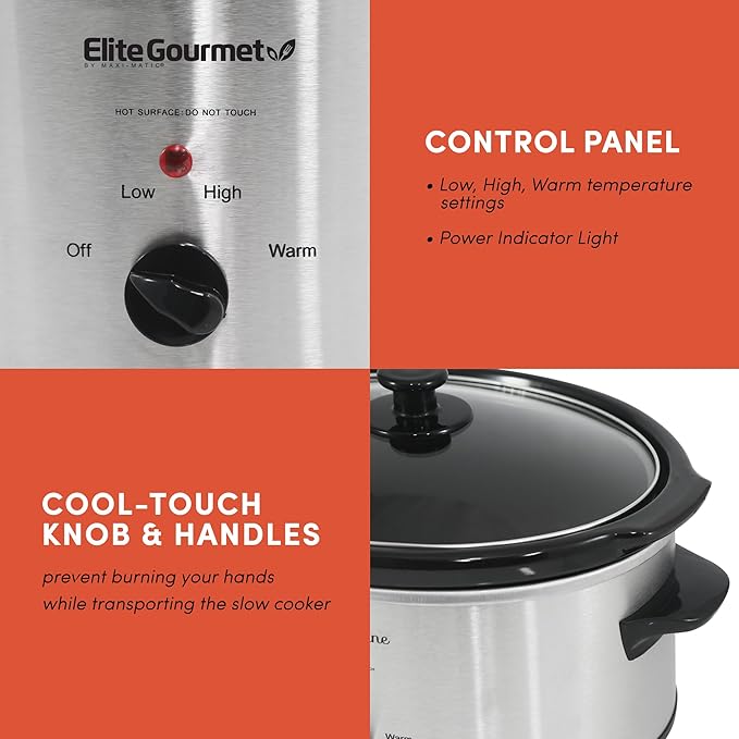 Elite Gourmet MST-500D Electric Slow Cooker, Includes 0.75-Quart Dipper with Adjustable Temp, Entrees, Sauces, Stews & Dips, Dishwasher Safe Glass Lid & Crock, 5 Quart, Stainless Steel