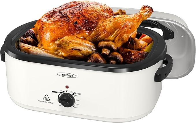Sunvivi 26 Quart Electric Roaster Oven with Glass Lid, Turkey Roaster Oven Buffet with Self-Basting Lid, Removable Pan, Cool-Touch Handles, White