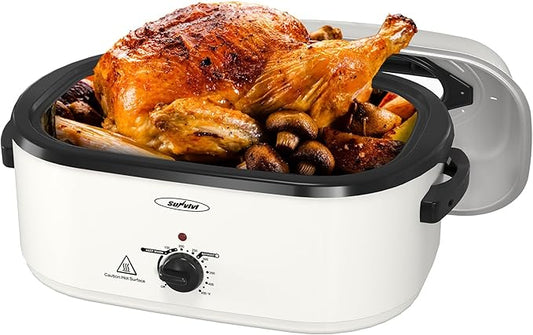 Sunvivi 26 Quart Electric Roaster Oven with Glass Lid, Turkey Roaster Oven Buffet with Self-Basting Lid, Removable Pan, Cool-Touch Handles, White