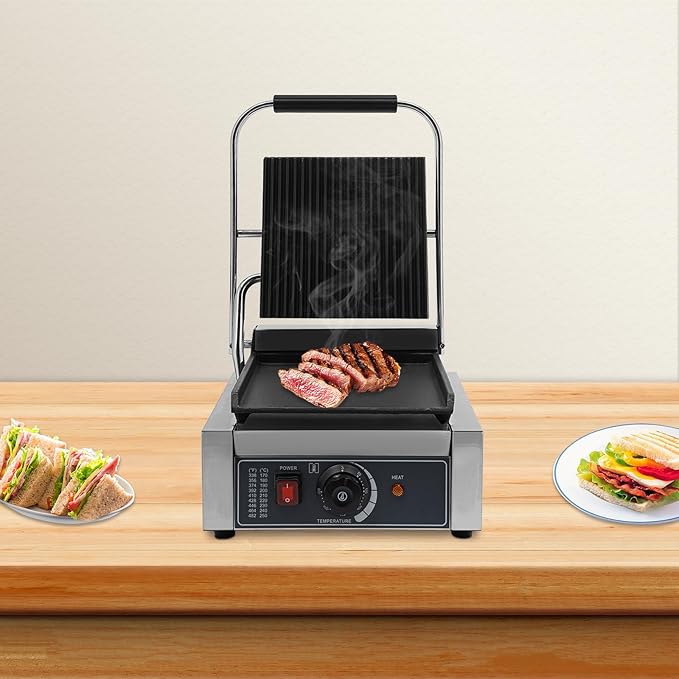 1800W Commercial Panini Press Grill, Non-Stick Sandwich Maker with Adjustable Temperature, Smokeless Indoor Grill for Paninis, Hamburgers & Steaks