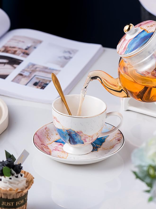Jusalpha Fine China Rainbow Galaxy Series Glass Tea Pot with Infuser-Teapot Warmer Teacup and Saucer Set with Spoon in Gift Box- 16 pcs in 1 set, (FD Glass pot set 08)