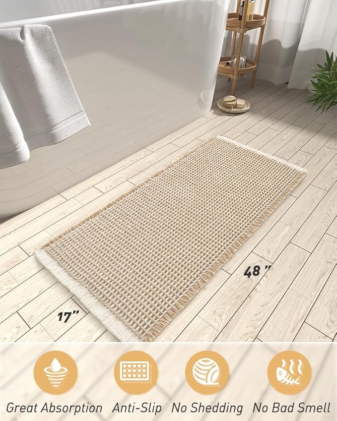 AMOAMI Upgraded Waffle Runner Rug Super Absorbent Non Slip Bath Mats for Bathroom Machine Washable Bathroom Runner Rug with Tassels, Ideal for Hallway Bedroom Laundry Room, 17" x 48", Brown & Cream