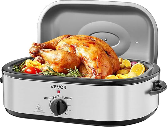 VEVOR Roaster Oven, 18QT Electric Roaster Oven, 150-450℉ Adjustable Temperature Electric Roasting Pan with Self-Basting Lid, Cool-Touch Handle, Defrost & Warm Function, Stainless Steel Turkey Ovens