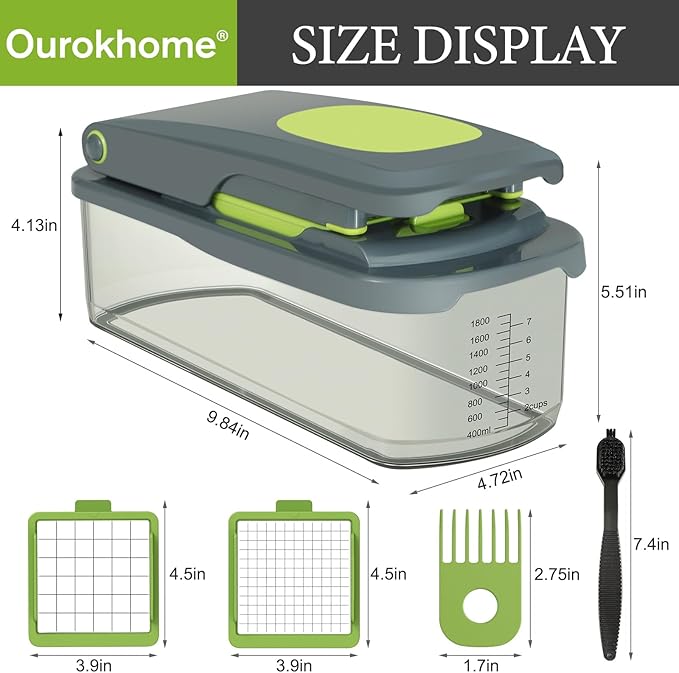 Ourokhome Vegetable Chopper Cutter with Container, Manual Hand Food Veggie Dicer with 2 Chopping Blades for Potato Strips, Onion Cubers, Carrot Sticks, Essential Kitchen Gadgets (2 in 1, Gray)