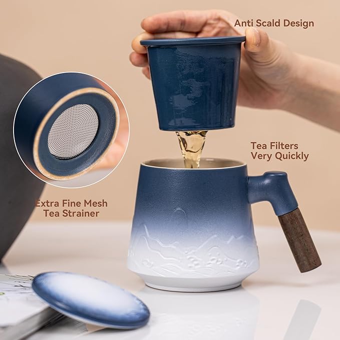 Tea Cup with Infuser and Lid 15oz - Kiln-Transformed Ceramic Mug with Mountain-Ocean Relief, Blue-White Gradient Wood Handle Tea Set, Anniversary Birthday Gift